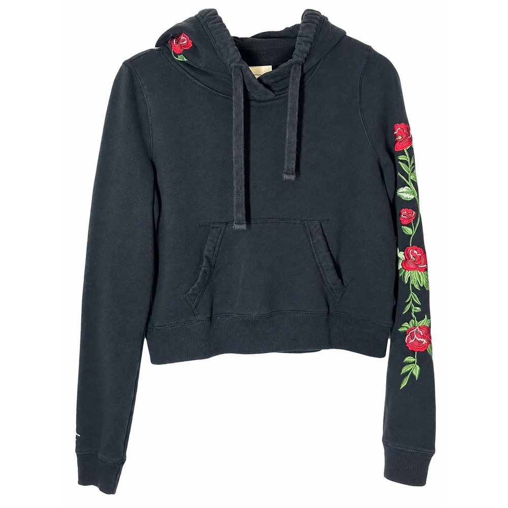 Hollister Womens Black Hoodie Rose Embroidered Pullover Boho Whimsy